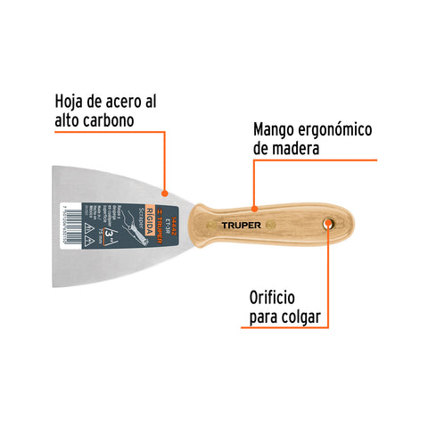 Espátula rígida 3' con mango de madera, Truper | ET-3R | 14442