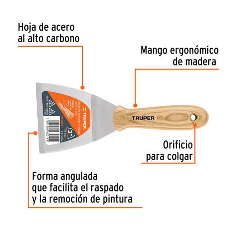 Espátula afilada y angulada 3' con mango de madera, Truper | ET-3RA | 14457