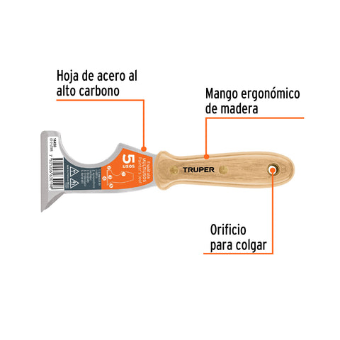 Espátula 2-1/2' de 5 usos con mango de madera, Truper | ET-2-1/2R5 | 14458