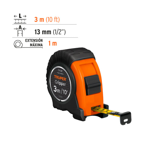 Flexómetro Gripper contra impactos 3 m cinta 13 mm, Truper | FH-3M | 14577