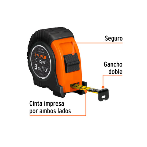 Flexómetro Gripper contra impactos 3 m cinta 13 mm, Truper | FH-3M | 14577
