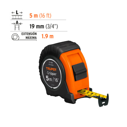 Flexómetro Gripper contra impactos 5 m cinta 19 mm, Truper | FH-5M | 14578