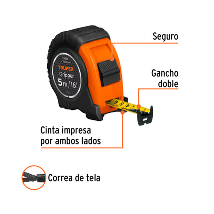 Flexómetro Gripper contra impactos 5 m cinta 19 mm, Truper | FH-5M | 14578