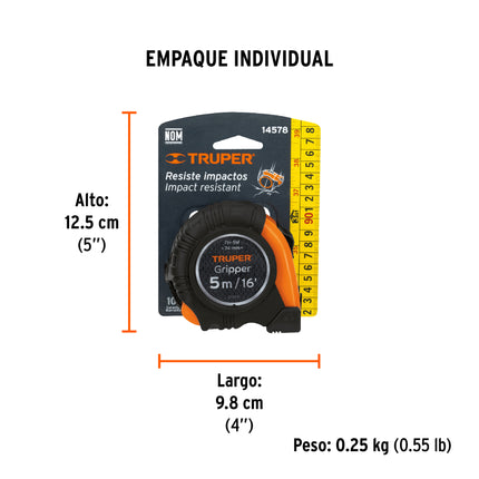 Flexómetro Gripper contra impactos 5 m cinta 19 mm, Truper | FH-5M | 14578