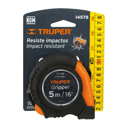 Flexómetro Gripper contra impactos 5 m cinta 19 mm, Truper | FH-5M | 14578