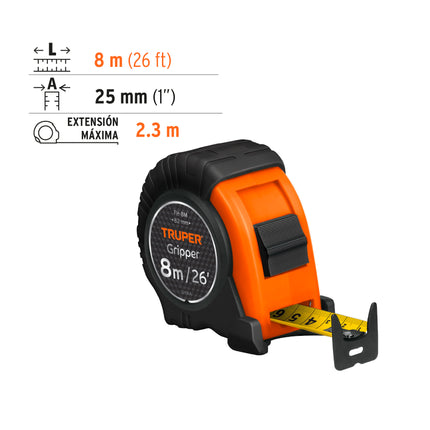 Flexómetro Gripper contra impactos 8 m cinta 25 mm, Truper | FH-8M | 14579