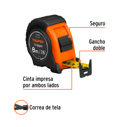 Flexómetro Gripper contra impactos 8 m cinta 25 mm, Truper | FH-8M | 14579