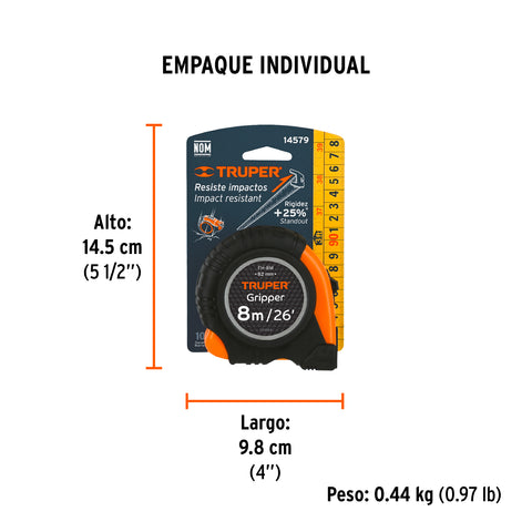 Flexómetro Gripper contra impactos 8 m cinta 25 mm, Truper | FH-8M | 14579