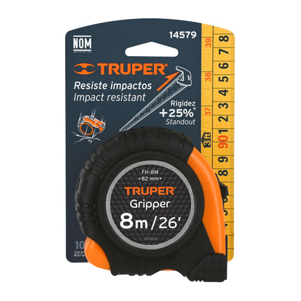 Flexómetro Gripper contra impactos 8 m cinta 25 mm, Truper | FH-8M | 14579