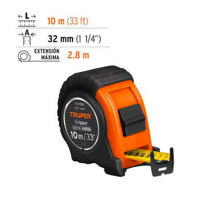 Flexómetro Gripper contra impactos 10 m cinta 32 mm, Truper | FH-10M | 14582