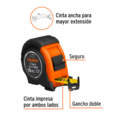 Flexómetro Gripper contra impactos 10 m cinta 32 mm, Truper | FH-10M | 14582