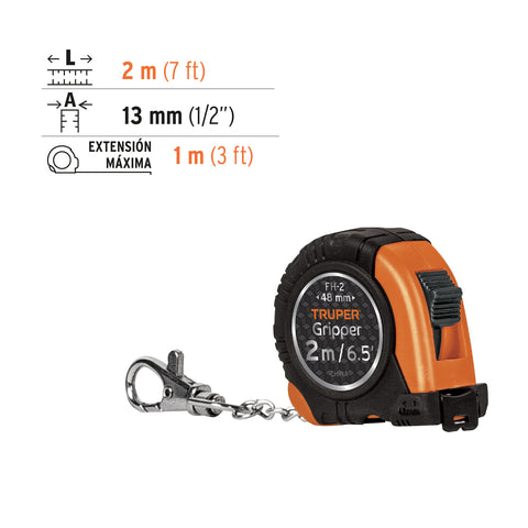 Flexómetro Gripper de 2 m tipo llavero, cinta 13 mm, Truper | FH-2 | 14602