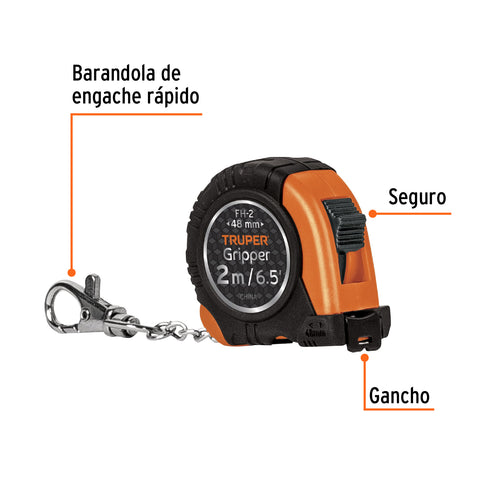 Flexómetro Gripper de 2 m tipo llavero, cinta 13 mm, Truper | FH-2 | 14602
