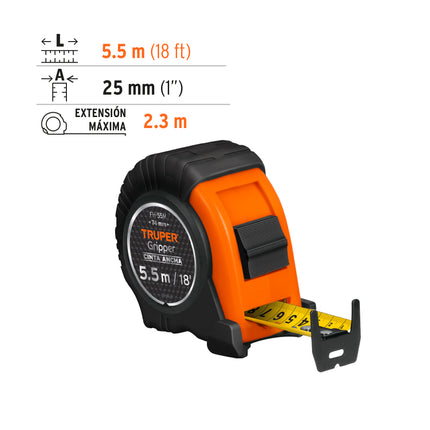 Flexómetro Gripper contra impactos 5.5 m cinta 25 mm, Truper | FH-55M | 14613