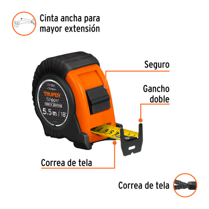 Flexómetro Gripper contra impactos 5.5 m cinta 25 mm, Truper | FH-55M | 14613