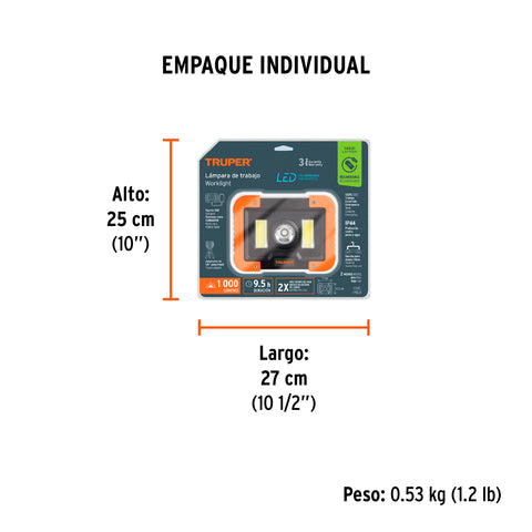Lámpara LED 1000 lm de trabajo, recargable, TRUPER | LAT-1300 | 14631