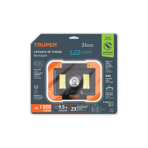 Lámpara LED 1000 lm de trabajo, recargable, TRUPER | LAT-1300 | 14631