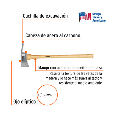 Hacha Pulaski 3-1/2 lb, mango de hickory 35', Truper | PU-3-1/2M | 14966