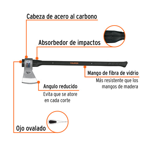 Hacha media labor 4 lb, mango de fibra de vidrio 36',TRUPER | ML-4M | 14972