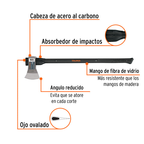 Hacha labor entera 3 lb, mango de fibra de vidrio 36',TRUPER | LE-3M | 14978