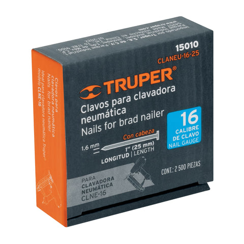 Caja con 2500 clavos calibre 16, 25 mm para CLNE-16, Truper | CLANEU-16-25 | 15010