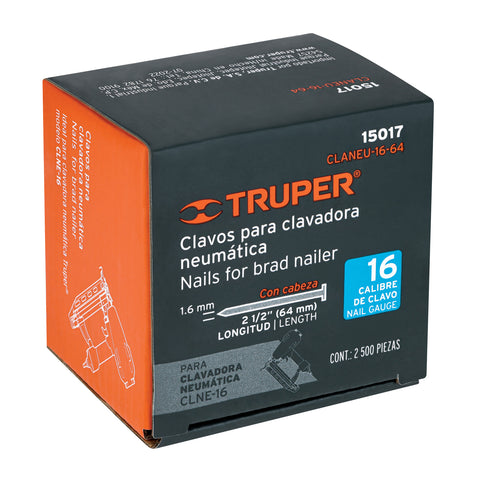 Caja con 2500 clavos calibre 16, 64 mm para CLNE-16, Truper | CLANEU-16-64 | 15017