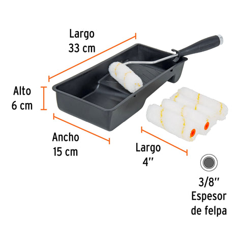 Kit de rodillo para pintar, 4' (maneral, charola y 5 felpas) | KIT-ROPI-420N | 15023