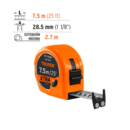 Flexómetro XTRA 7.5 m cinta extra ancha 28 mm, Truper | FF-7528 | 15025