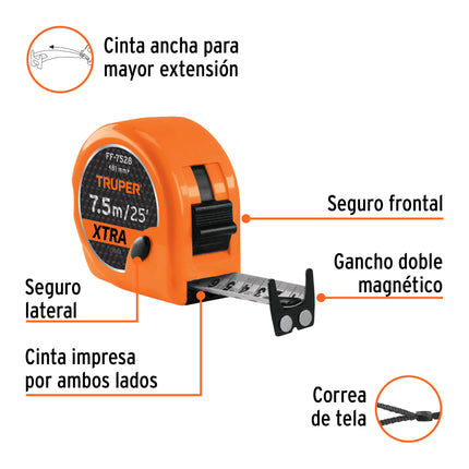 Flexómetro XTRA 7.5 m cinta extra ancha 28 mm, Truper | FF-7528 | 15025