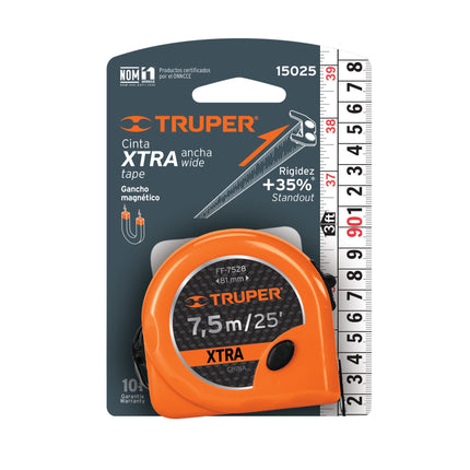 Flexómetro XTRA 7.5 m cinta extra ancha 28 mm, Truper | FF-7528 | 15025