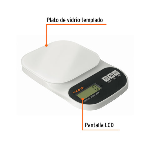 Báscula digital para cocina, plato de vidrio, 5 kg, Truper | BASE-5EC | 15160