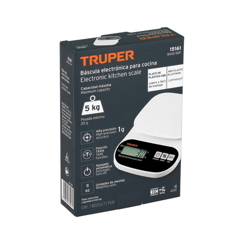 Báscula digital para cocina, plato de ABS, 5 kg, Truper | BASE-5EP | 15161