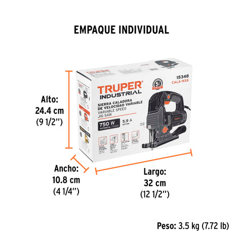 Sierra caladora 750W 5.9 A vel. variable, TRUPER INDUSTRIAL | CALA-NX6 | 15348