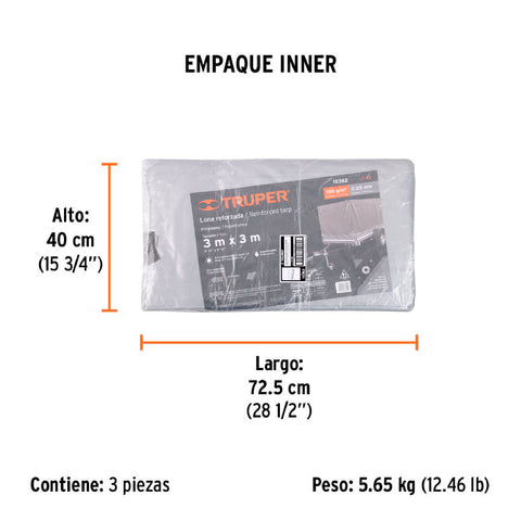 Lona de polietileno reforzada 3 x 3 m, gris, 180g/m2, TRUPER | LT-33 | 15362