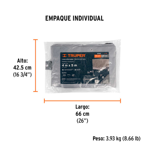 Lona de polietileno reforzada 4 x 5 m, gris, 180g/m2, TRUPER | LT-45 | 15364