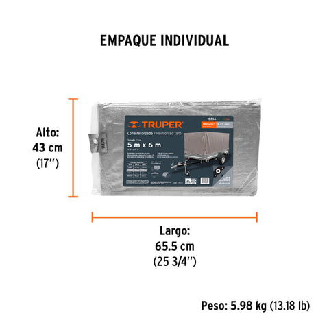 Lona de polietileno reforzada 5 x 6 m, gris, 180g/m2, TRUPER | LT-56 | 15366