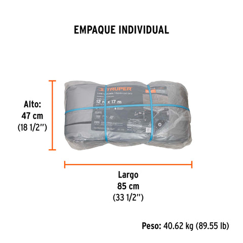 Lona de polietileno reforzada 12x17 m, gris, 180g/m2, TRUPER | LT-1217 | 15368