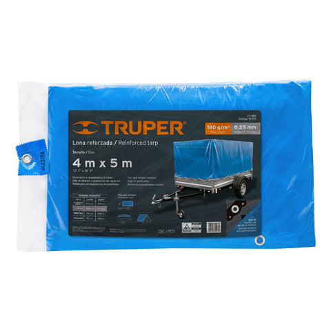 Lona de polietileno reforzada 4 x 5 m, azul, 180g/m2, TRUPER | LT-45Z | 15372