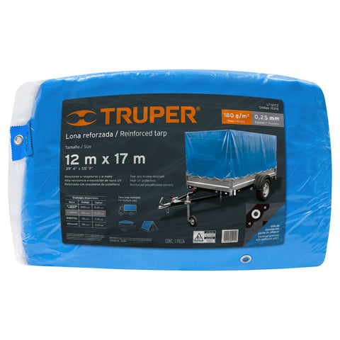 Lona de polietileno reforzada 12x17 m, azul, 180g/m2, TRUPER | LT-1217Z | 15376