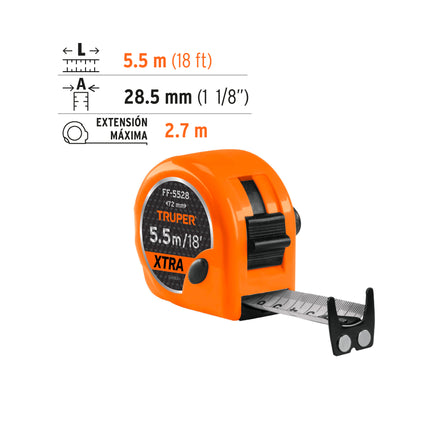 Flexómetro XTRA 5.5 m cinta extra ancha 28 mm, Truper | FF-5528 | 15385