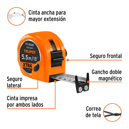 Flexómetro XTRA 5.5 m cinta extra ancha 28 mm, Truper | FF-5528 | 15385