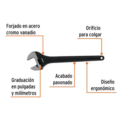 Llave ajustable (perico) 18' profesional pavonada, Expert | PET-18 | 15498