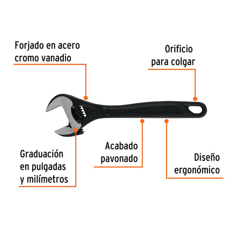 Llave ajustable (perico) 12' profesional pavonada, Expert | PET-12 | 15503