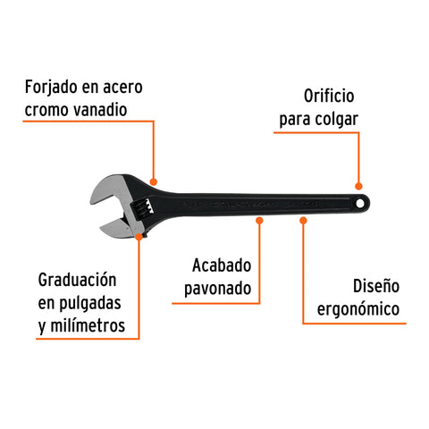 Llave ajustable (perico) 15' profesional pavonada, Expert | PET-15 | 15504
