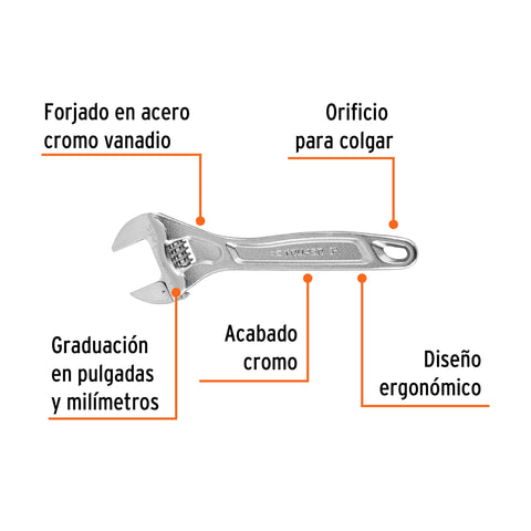 Llave ajustable (perico) 8' profesional cromada, Expert | PET-8C | 15506