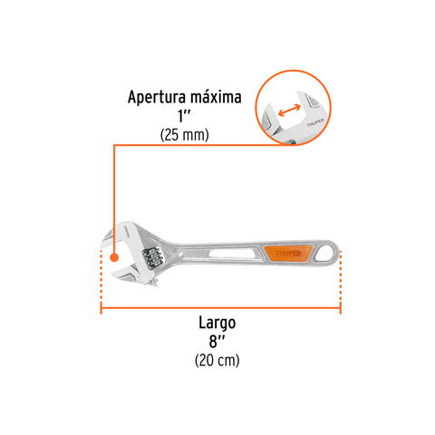 Llave ajustable (perico) 8' cromada, TRUPER | PET-8X | 15510
