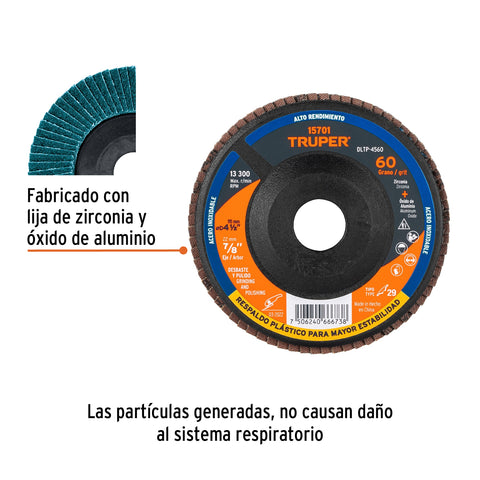 Disco laminado 4-1/2' grano 60 centro 7/8', plástico, TRUPER | DLTP-4560 | 15701