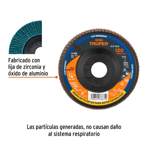 Disco laminado 4-1/2' grano 120 centro 7/8', plástico,TRUPER | DLTP-45120 | 15705