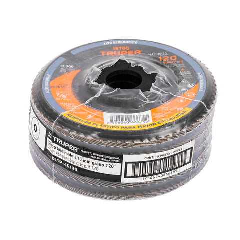 Disco laminado 4-1/2' grano 120 centro 7/8', plástico,TRUPER | DLTP-45120 | 15705
