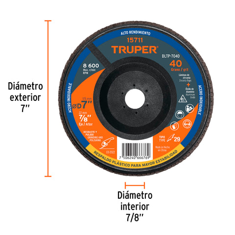 Disco laminado 7' grano 40 centro 7/8', plástico, TRUPER | DLTP-7040 | 15711